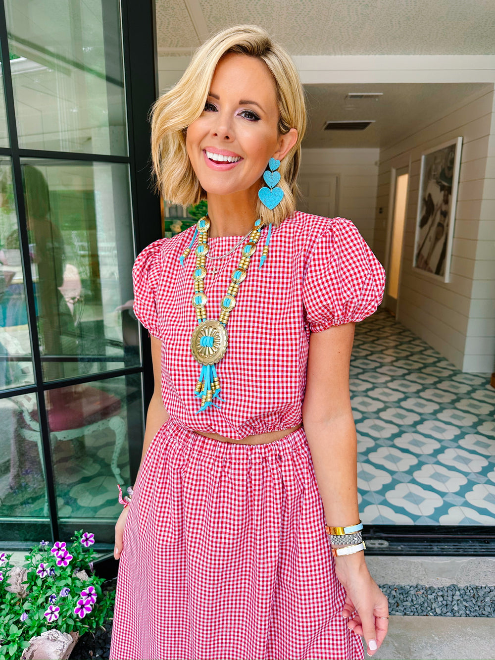 DAPHNE GINGHAM MIDI SKIRT SET - RED