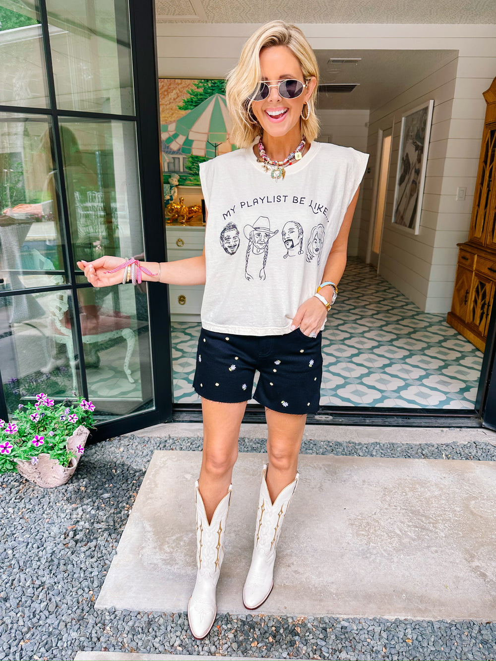 ANNA EMBROIDERED HIGH RISE FLORAL DENIM SHORTS - BLACK