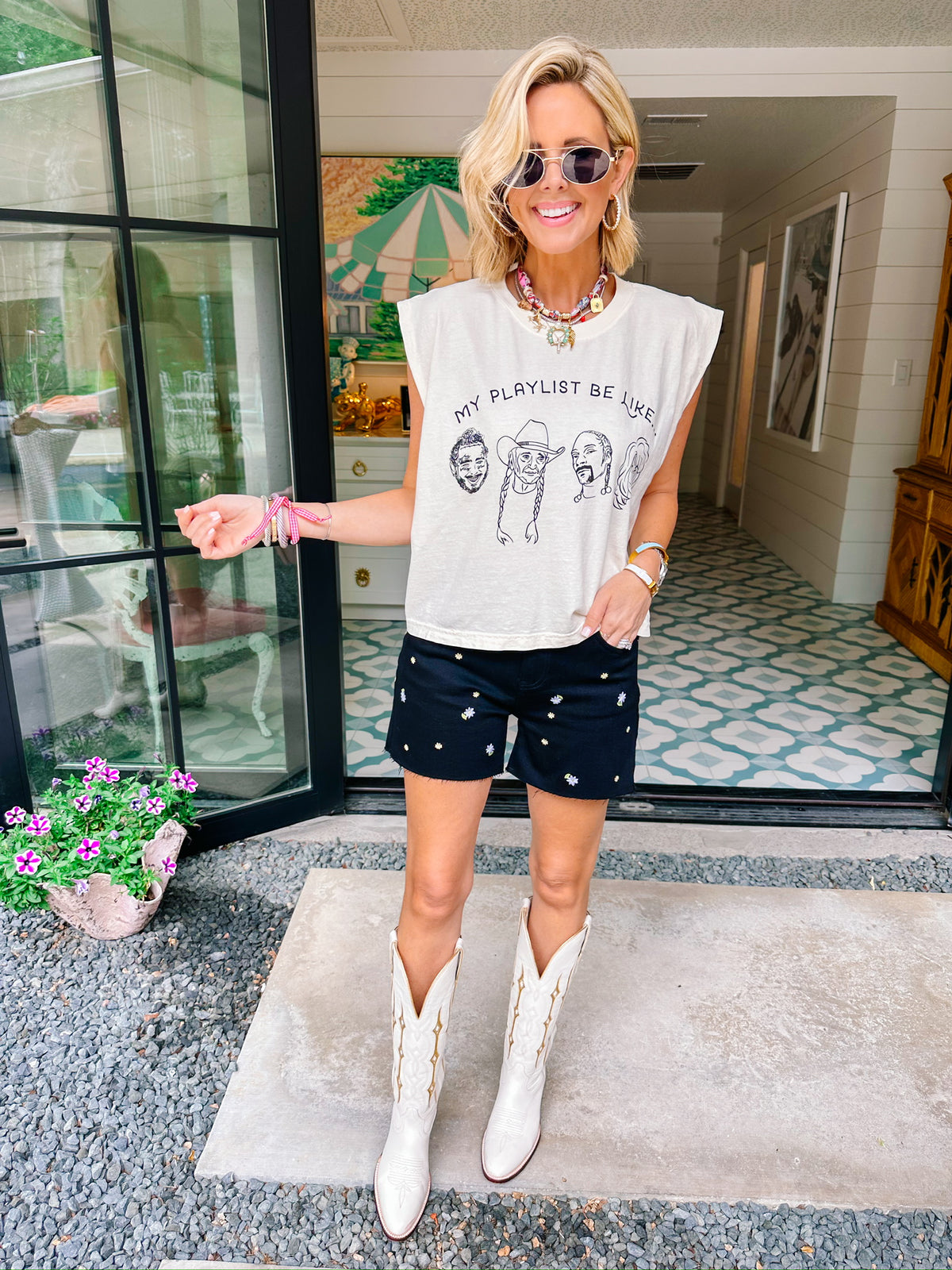 ANNA EMBROIDERED HIGH RISE FLORAL DENIM SHORTS - BLACK