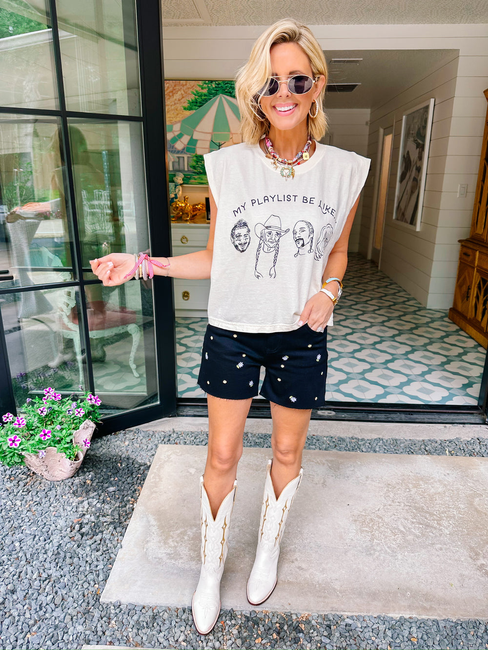 ANNA EMBROIDERED HIGH RISE FLORAL DENIM SHORTS - BLACK