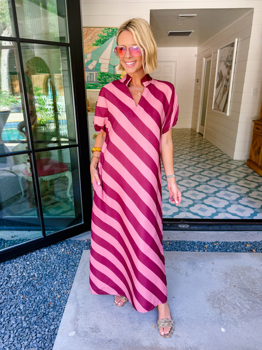 IN A NEW DIRECTION DIAGONAL STRIPE MIDI DRESS - BURGUNDY