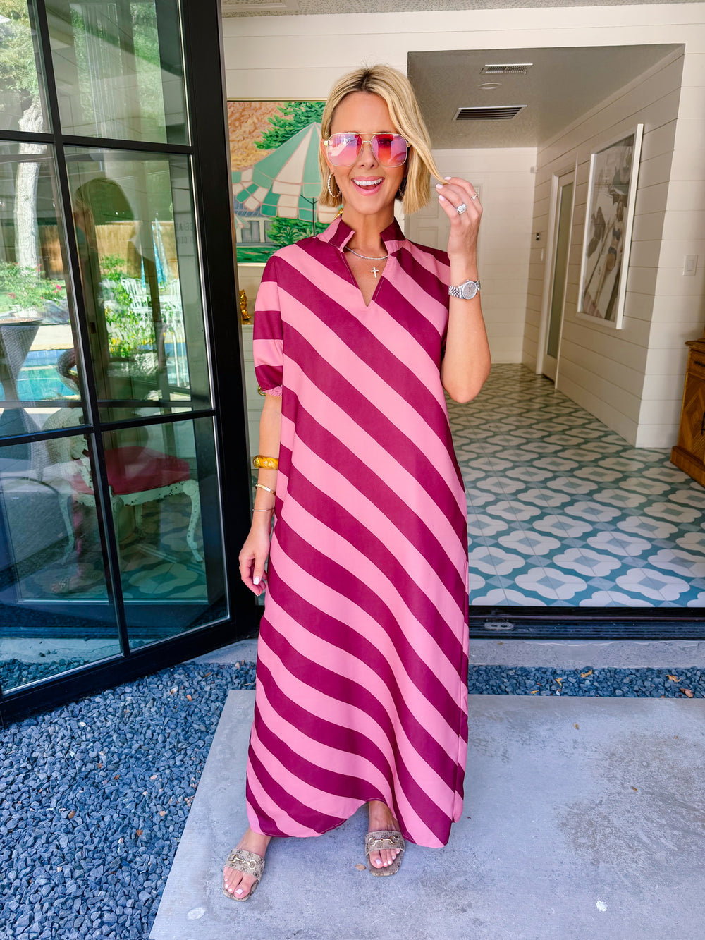 IN A NEW DIRECTION DIAGONAL STRIPE MIDI DRESS - BURGUNDY