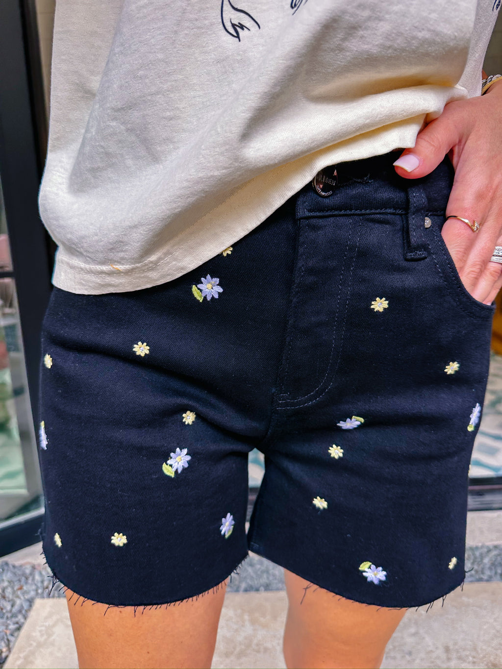 ANNA EMBROIDERED HIGH RISE FLORAL DENIM SHORTS - BLACK