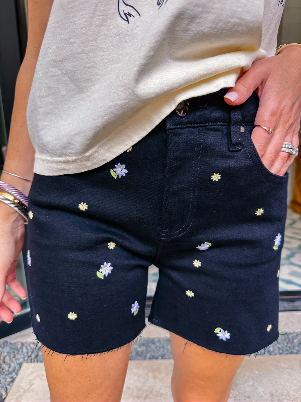 ANNA EMBROIDERED HIGH RISE FLORAL DENIM SHORTS - BLACK