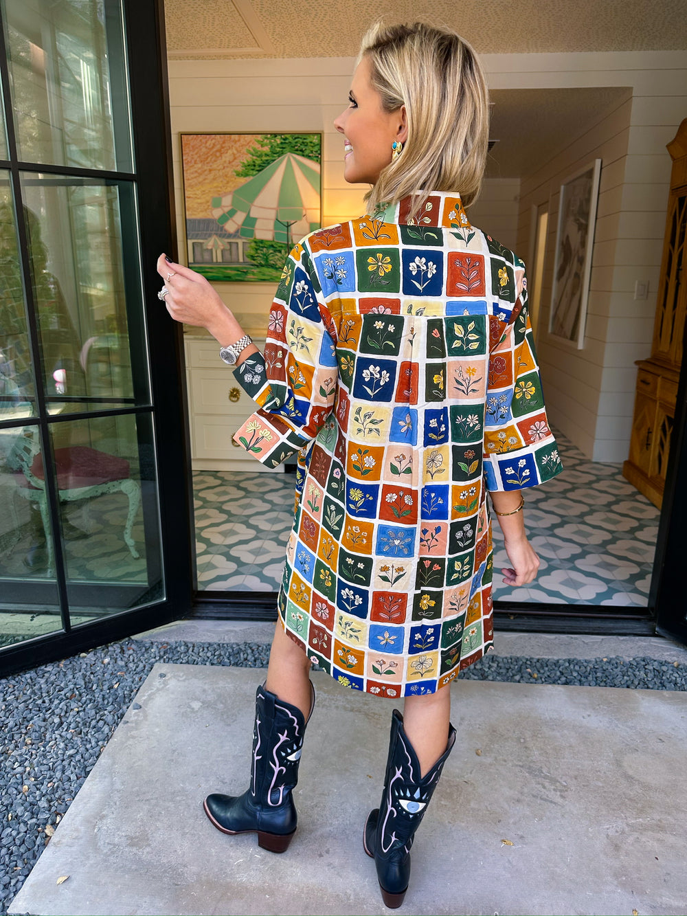 DITSY DAISY TILES COLLARED DRESS - BRICK