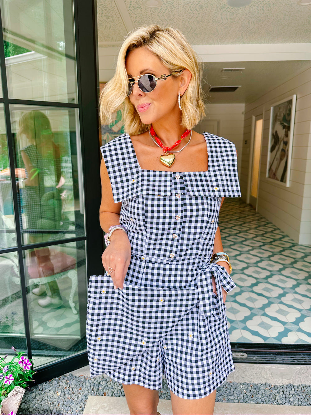 GIDDY FOR GINGHAM DAISY ROMPER - BLACK