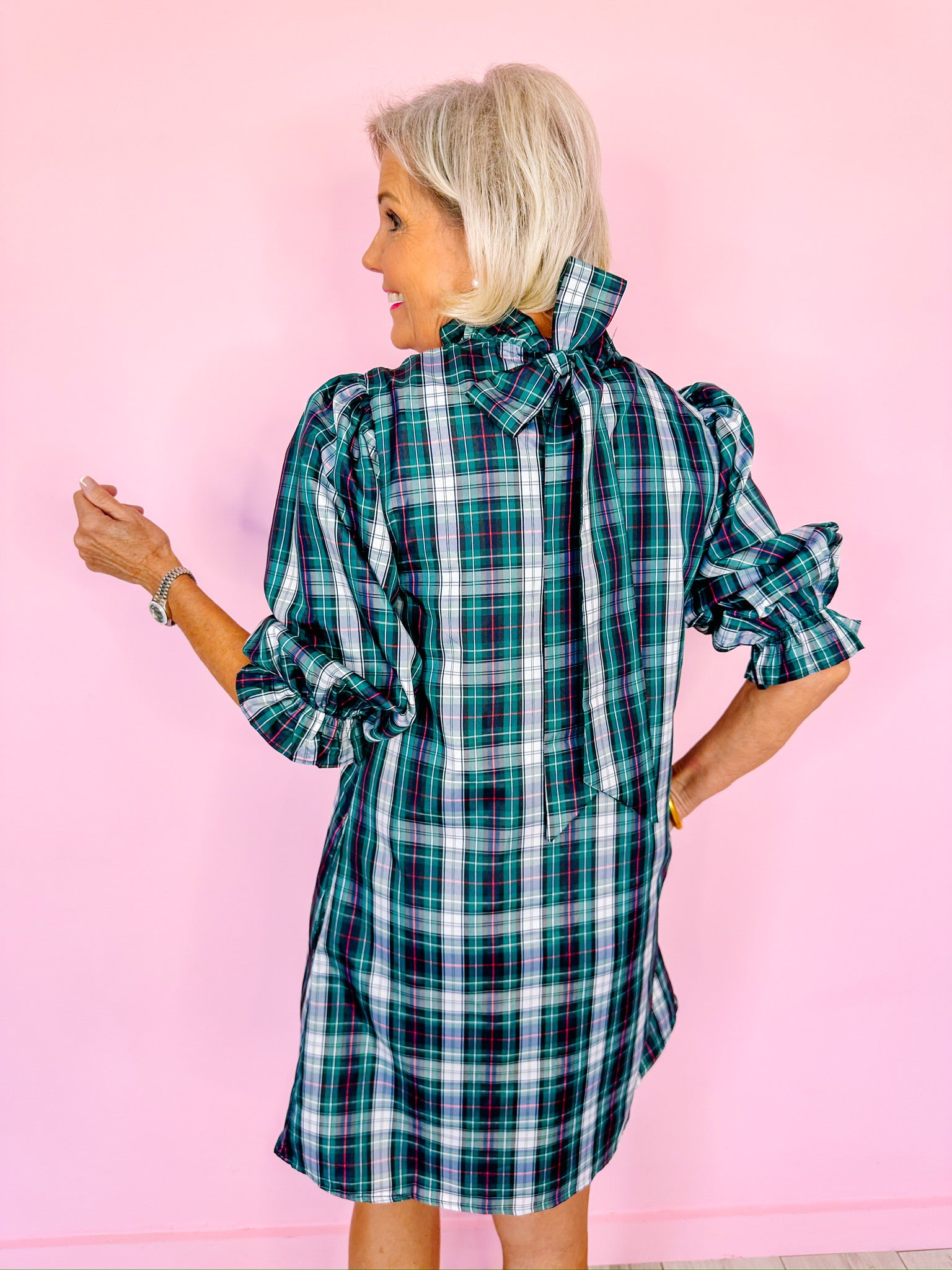 SHELLEY PLAID LONG SLEEVE DRESS - NAVY