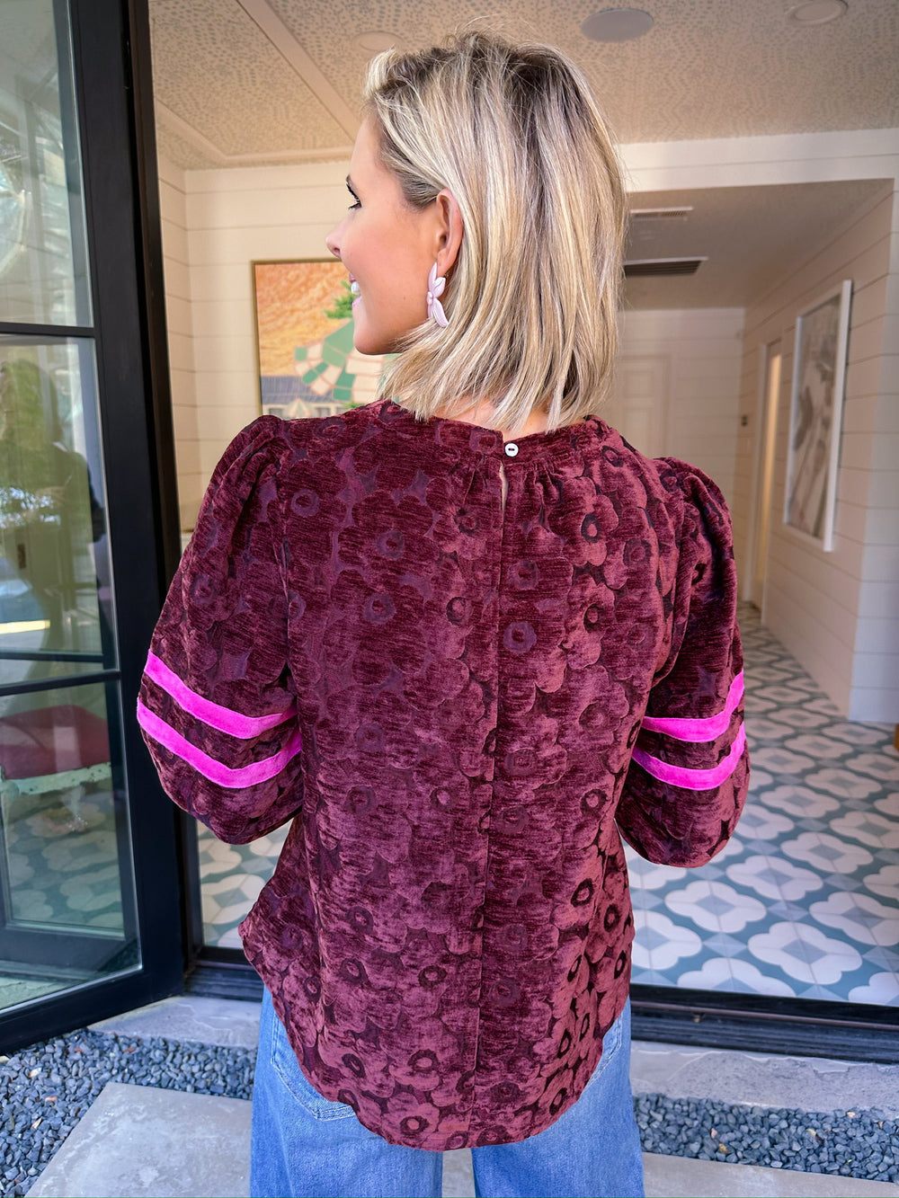 MAYA FLORAL VELVET PUFF SLEEVE TOP - BURGUNDY