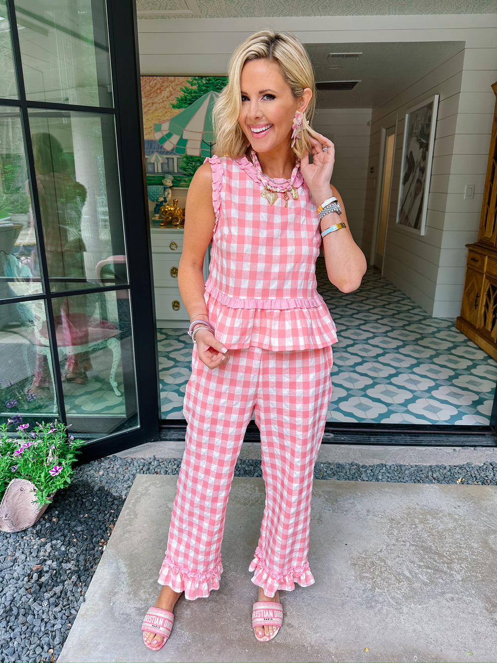 SWEET TALK GINGHAM RUFFLE PANT SET - PEACHY PINK