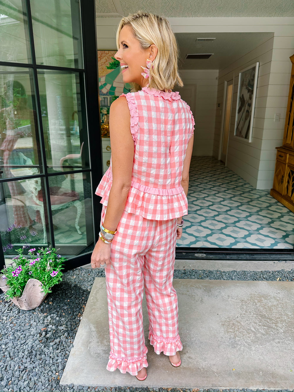 SWEET TALK GINGHAM RUFFLE PANT SET - PEACHY PINK
