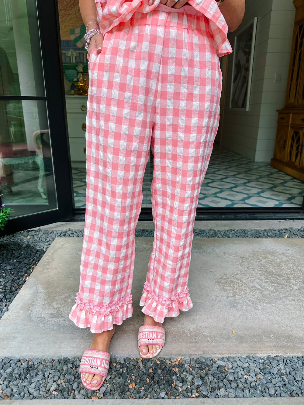 SWEET TALK GINGHAM RUFFLE PANT SET - PEACHY PINK