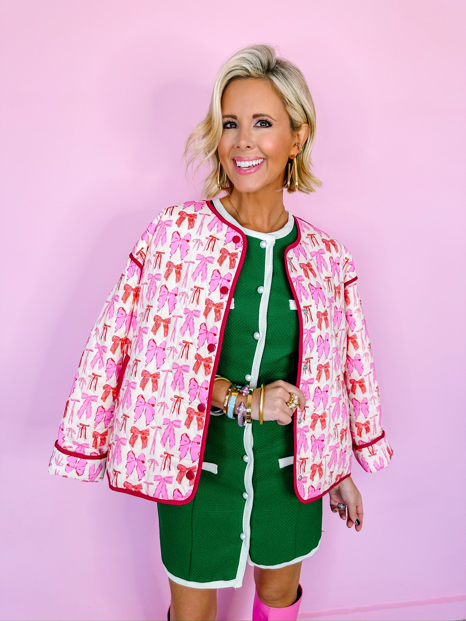 BOUNTIFUL BOWS QUILTED JACKET - PINK