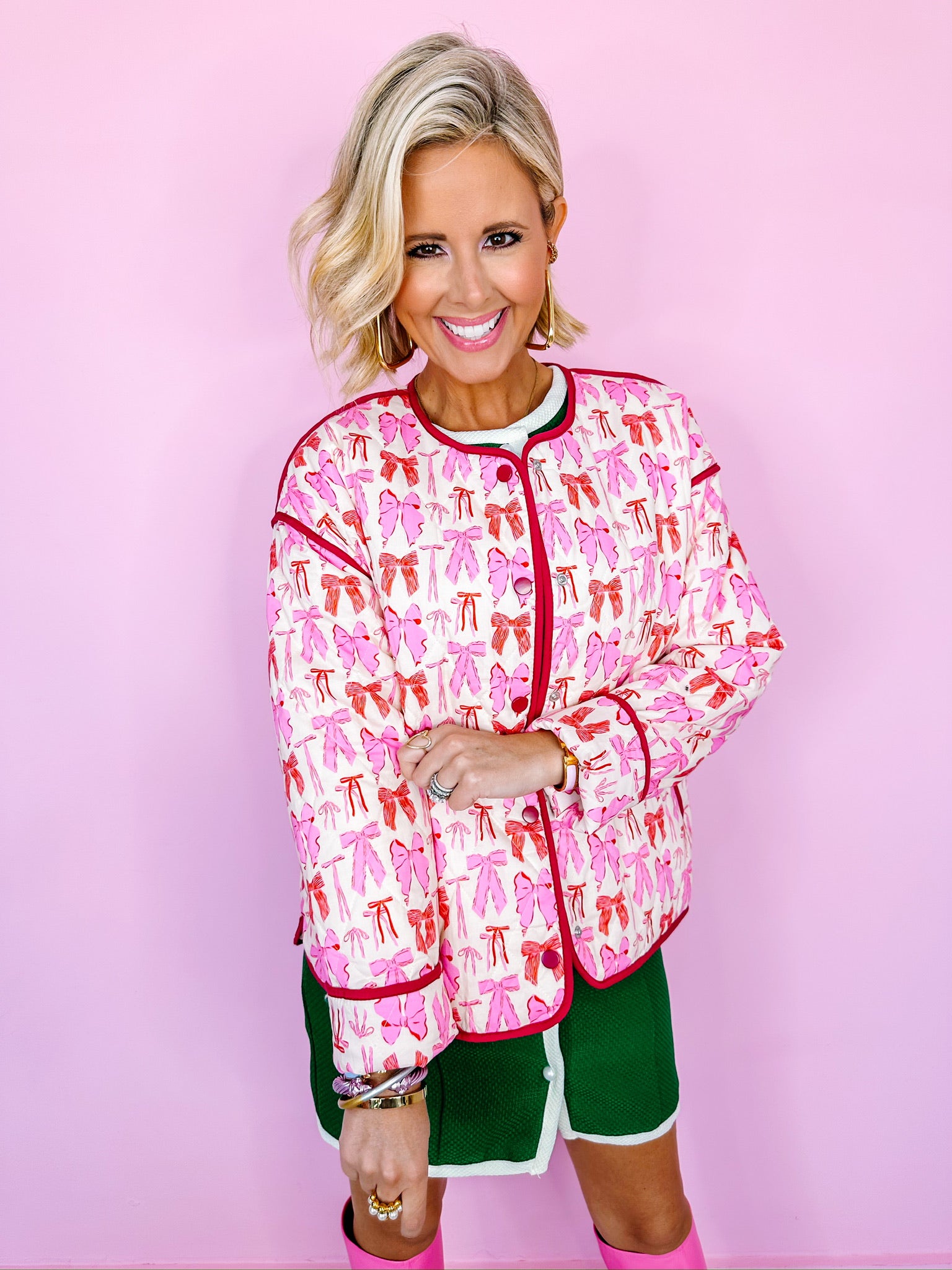 BOUNTIFUL BOWS QUILTED JACKET - PINK