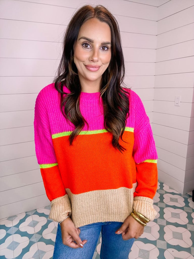 HIGHLIGHT OF THE DAY LIME COLORBLOCK SWEATER - PINK ORANGE