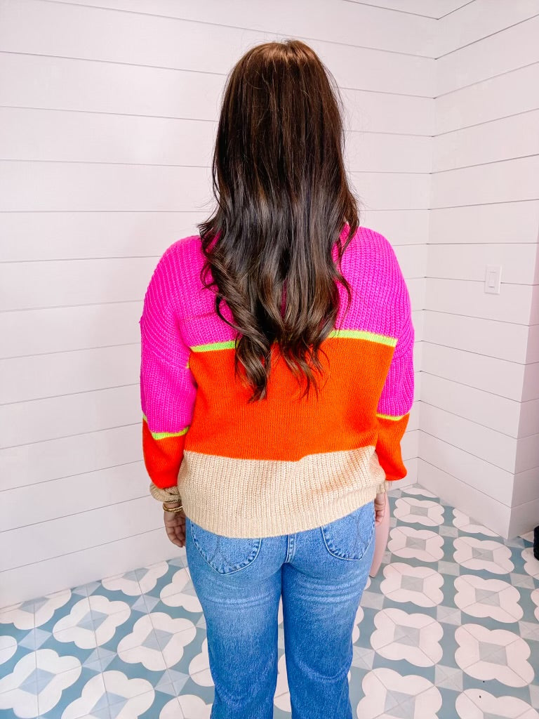 HIGHLIGHT OF THE DAY LIME COLORBLOCK SWEATER - PINK ORANGE