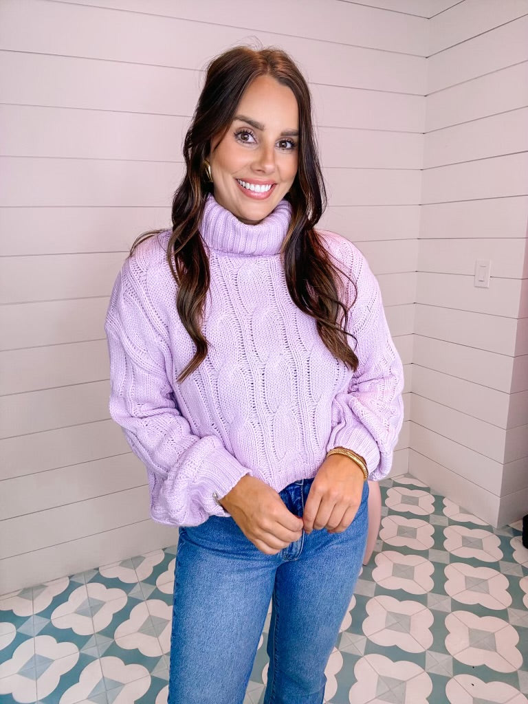 DUSTY PLUM CABLE KNIT TURTLENECK SWEATER