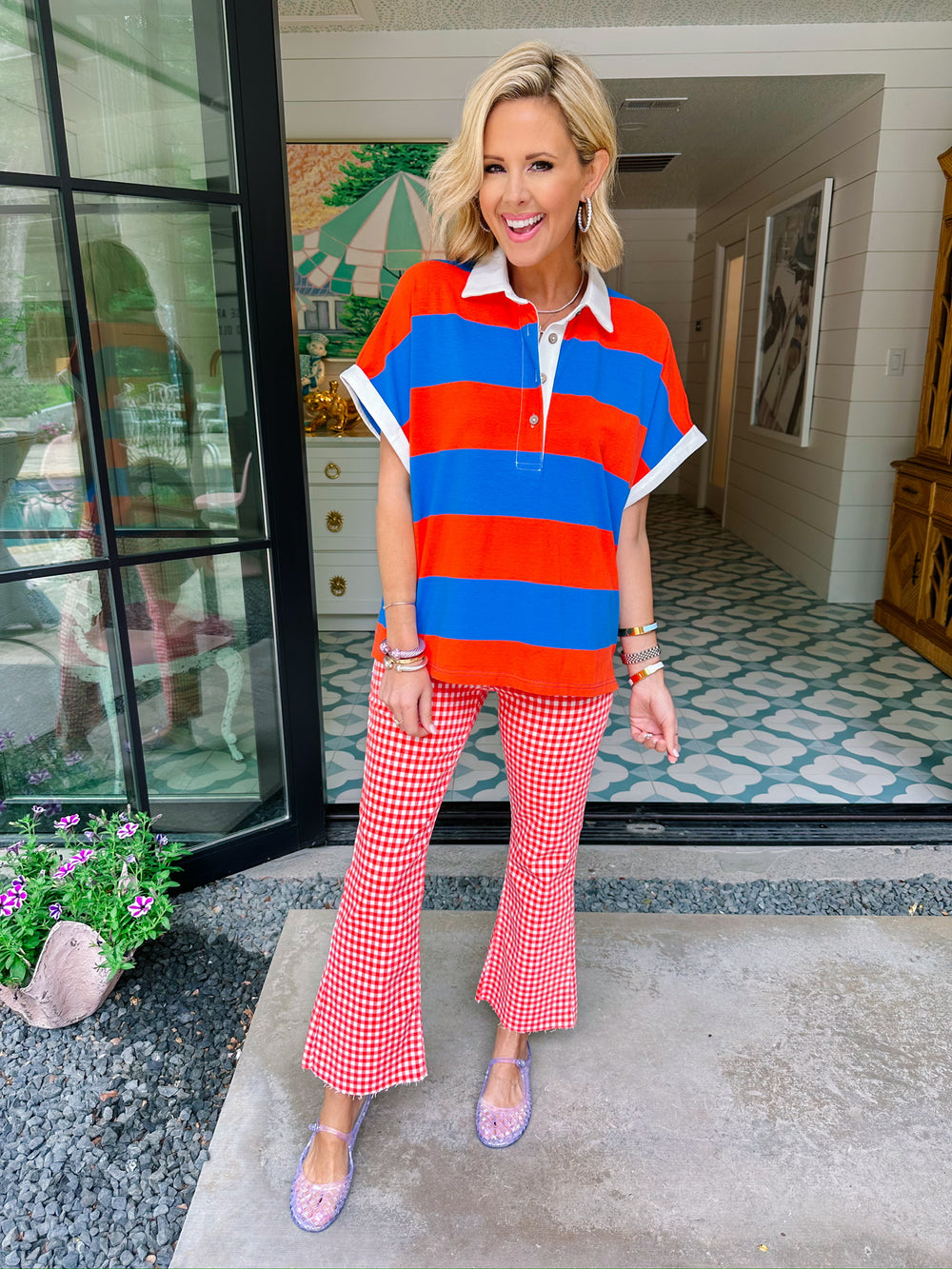 HATTIE HIGH RISE CROP FLARE JEANS - RED GINGHAM