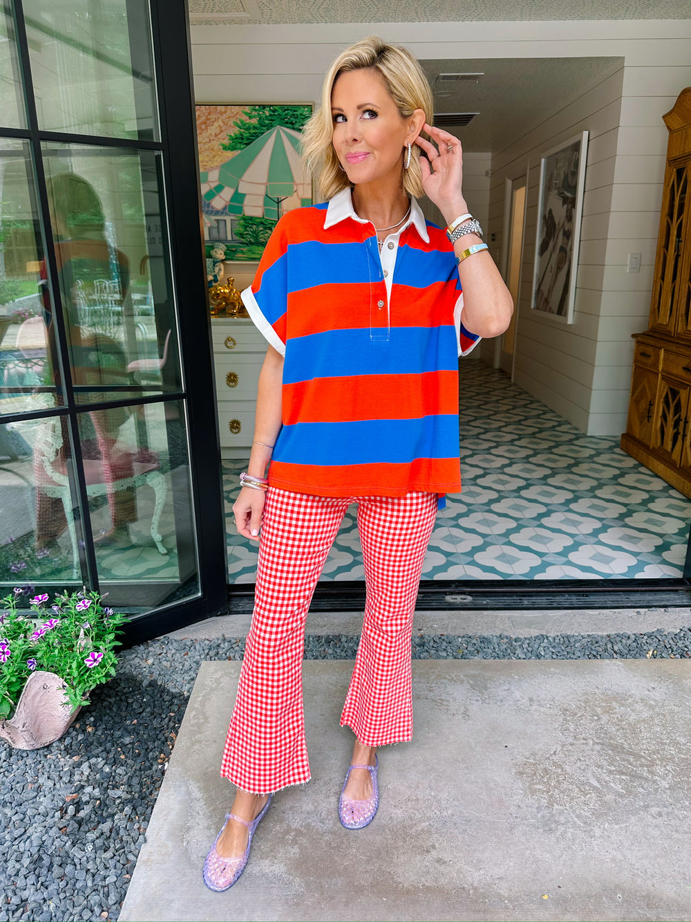 HATTIE HIGH RISE CROP FLARE JEANS - RED GINGHAM