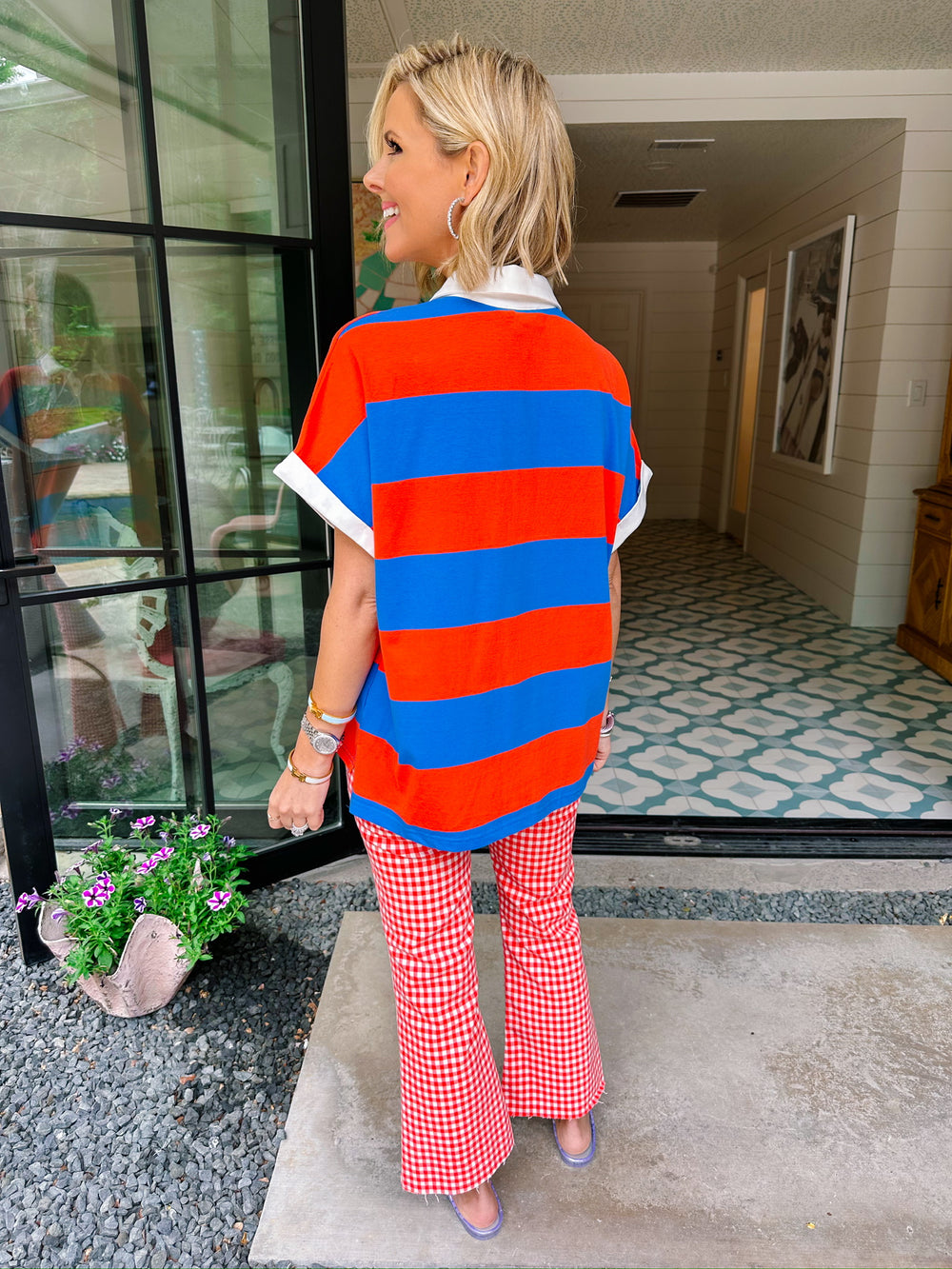 HATTIE HIGH RISE CROP FLARE JEANS - RED GINGHAM