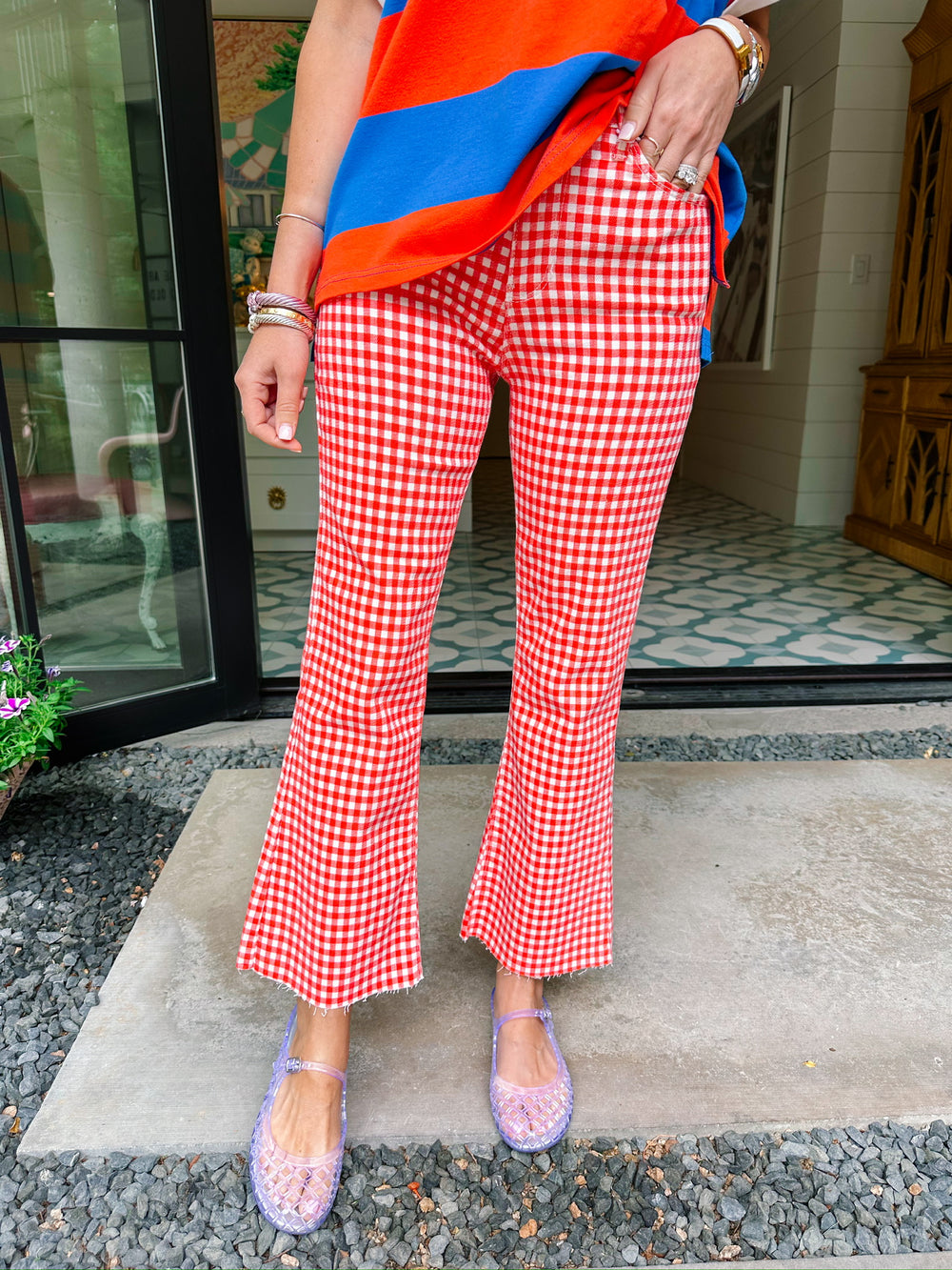 HATTIE HIGH RISE CROP FLARE JEANS - RED GINGHAM
