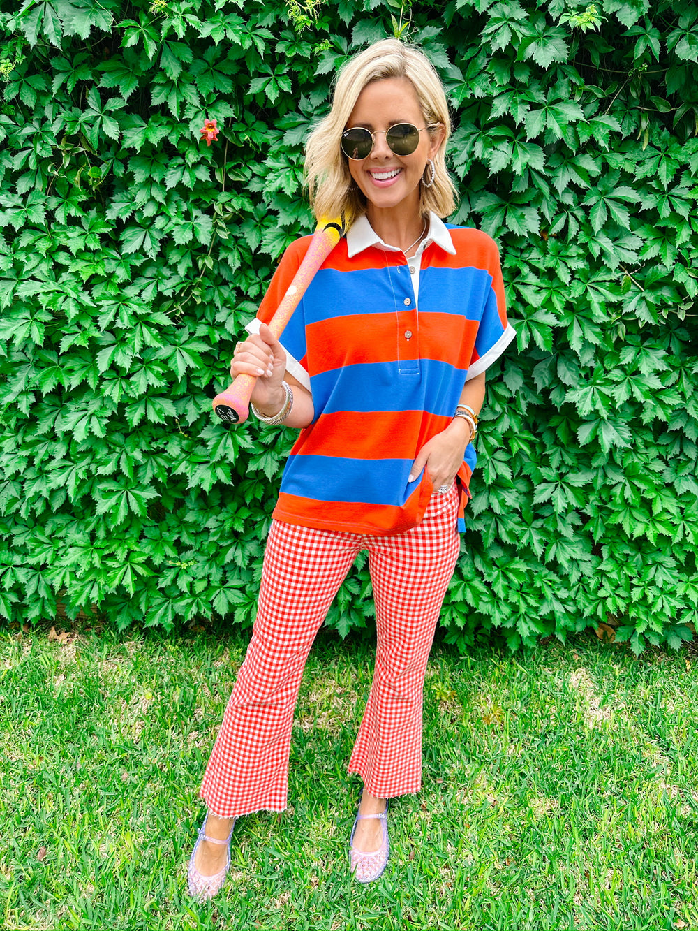 HATTIE HIGH RISE CROP FLARE JEANS - RED GINGHAM