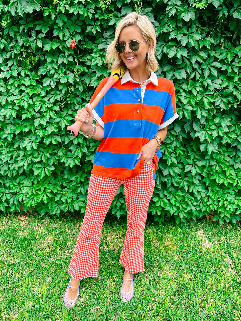 HATTIE HIGH RISE CROP FLARE JEANS - RED GINGHAM