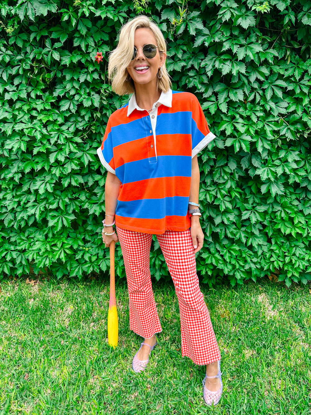 HATTIE HIGH RISE CROP FLARE JEANS - RED GINGHAM