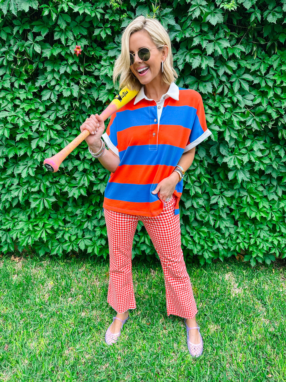 HATTIE HIGH RISE CROP FLARE JEANS - RED GINGHAM