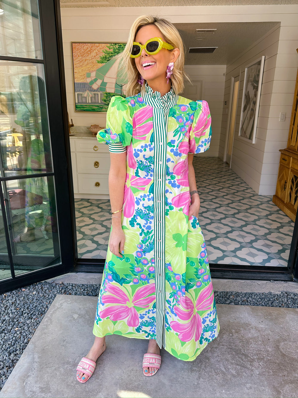 BRIGHT HUE BLOOMS STRIPE TRIM MIDI DRESS - LIME/PINK