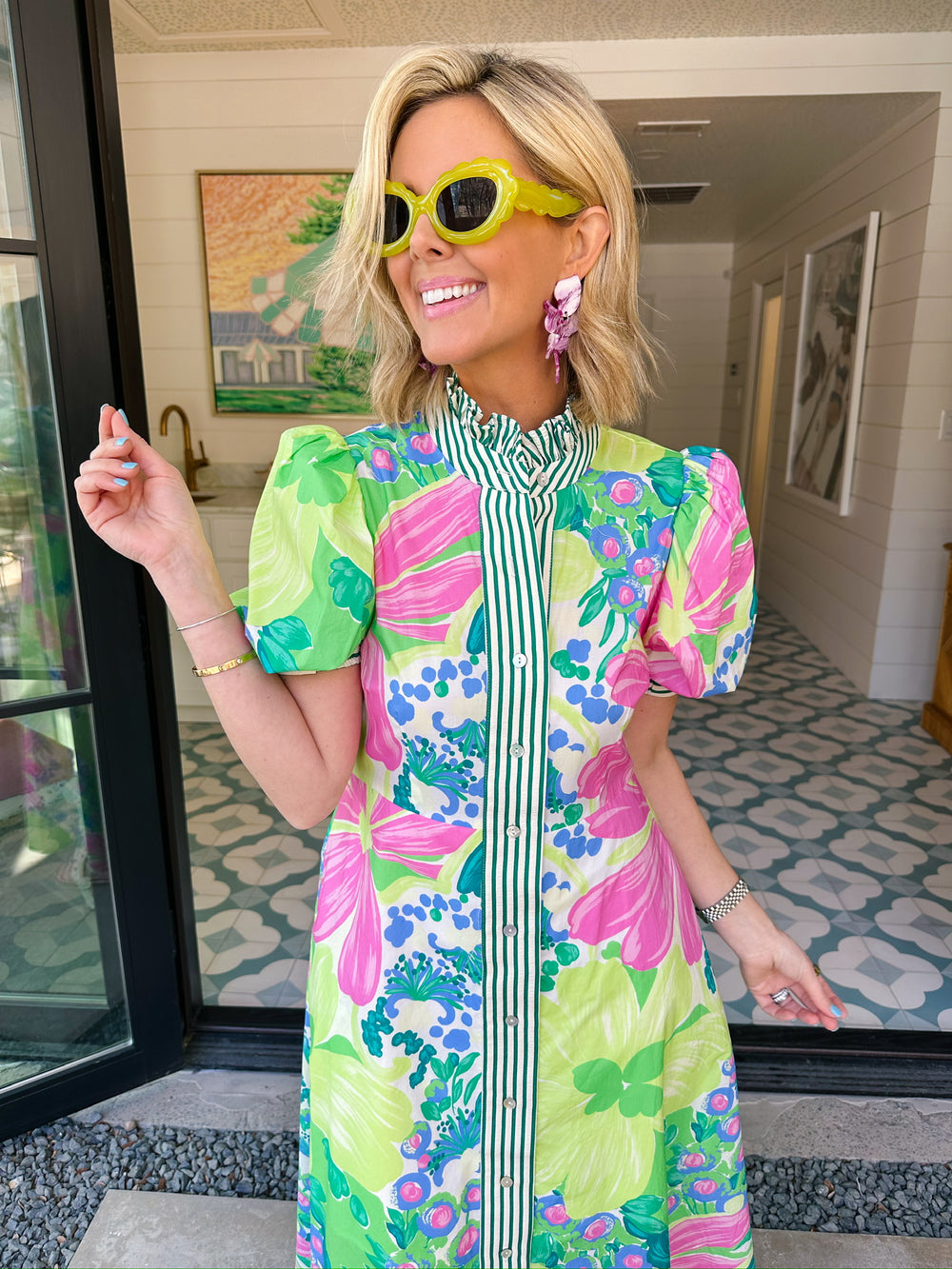 BRIGHT HUE BLOOMS STRIPE TRIM MIDI DRESS - LIME/PINK