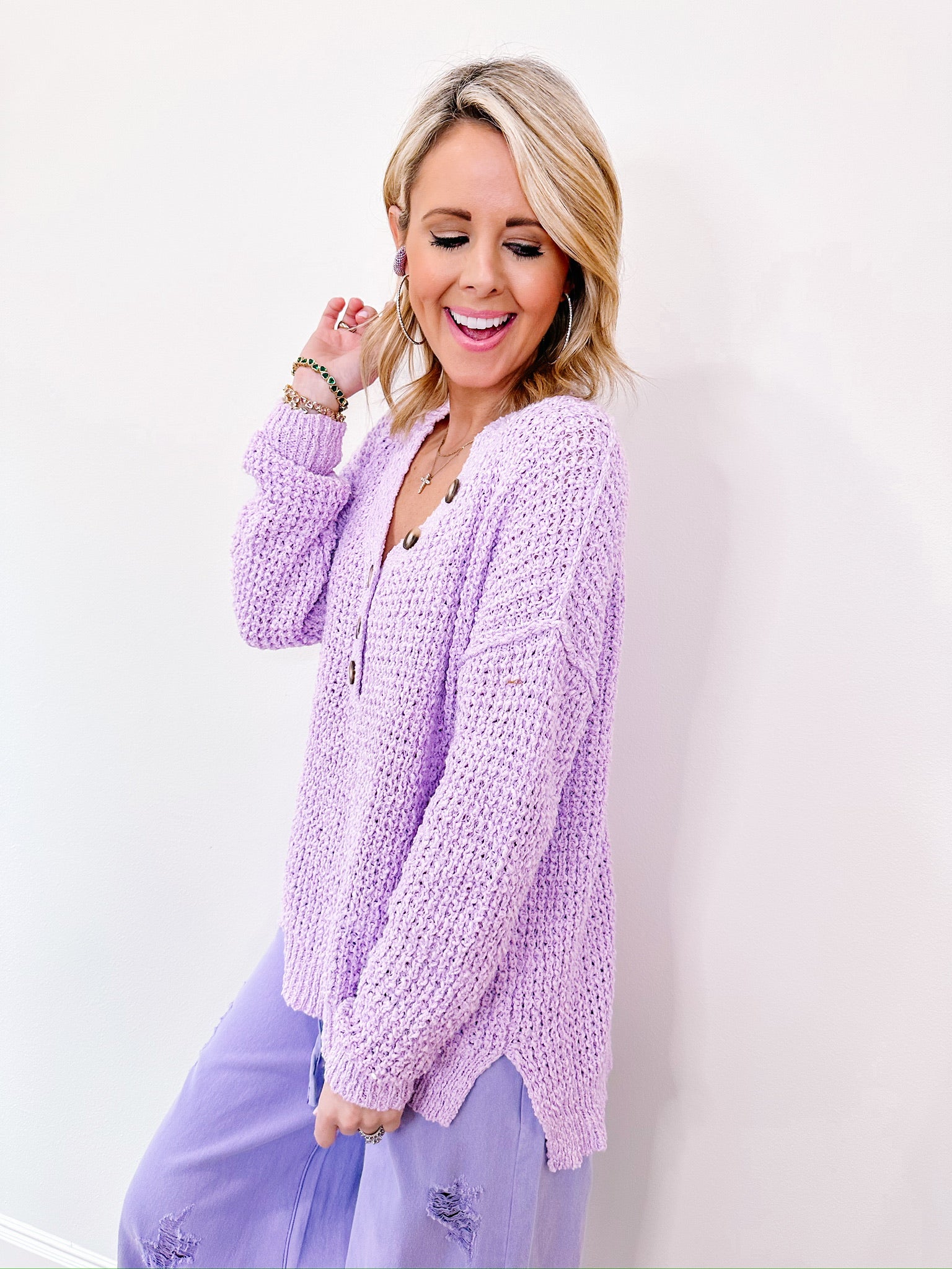FEEL THE BREEZE BUTTON SWEATER - LAVENDER