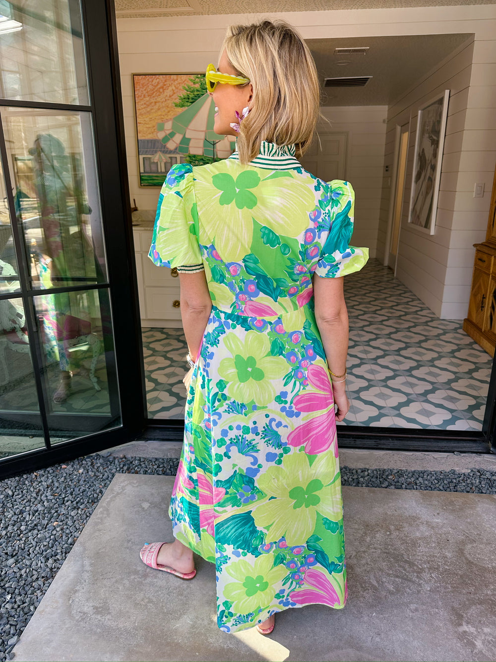 BRIGHT HUE BLOOMS STRIPE TRIM MIDI DRESS - LIME/PINK