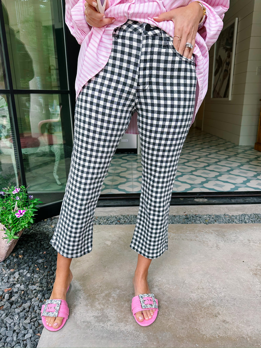 GIANNA GINGHAM CAPRI JEANS - BLACK