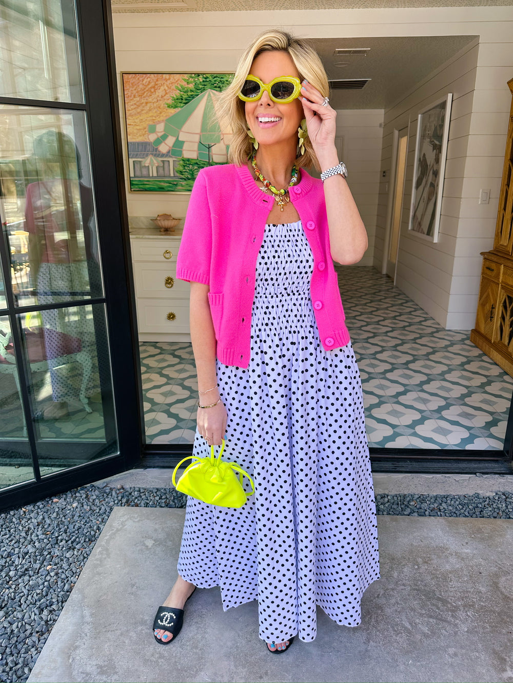 DOTTED DARLING SMOCKED MIDI DRESS - BLACK/WHITE