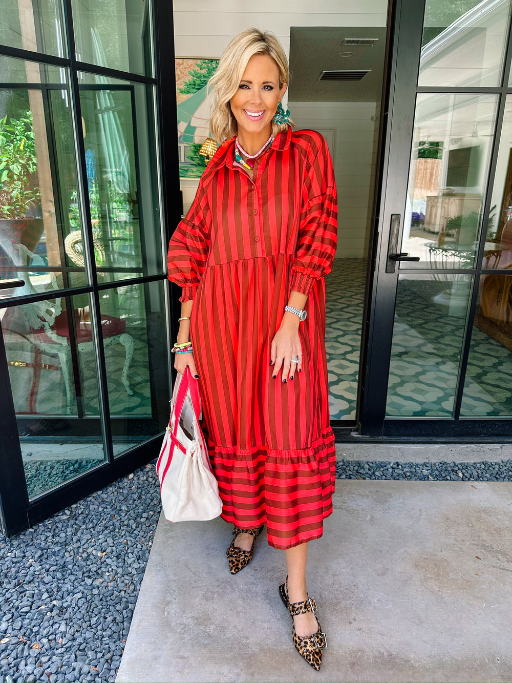 READ BETWEEN THE LINES STRIPE MIDI DRESS - CORAL/BROWN