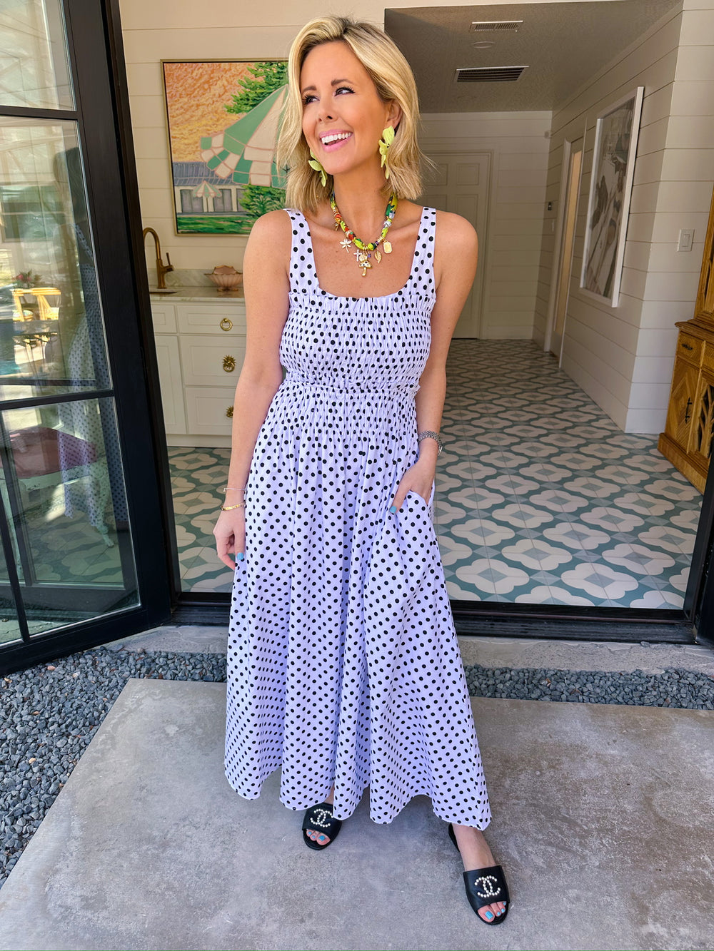 DOTTED DARLING SMOCKED MIDI DRESS - BLACK/WHITE