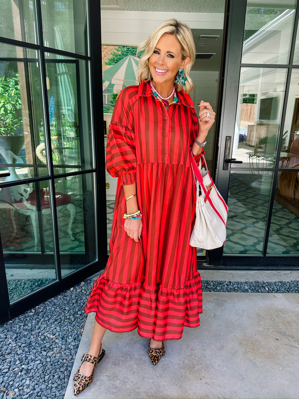 READ BETWEEN THE LINES STRIPE MIDI DRESS - CORAL/BROWN