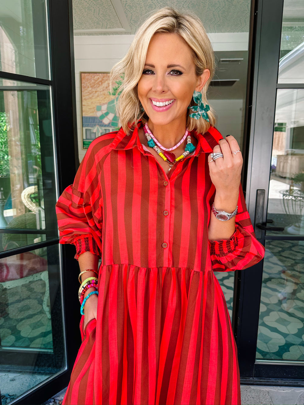 READ BETWEEN THE LINES STRIPE MIDI DRESS - CORAL/BROWN