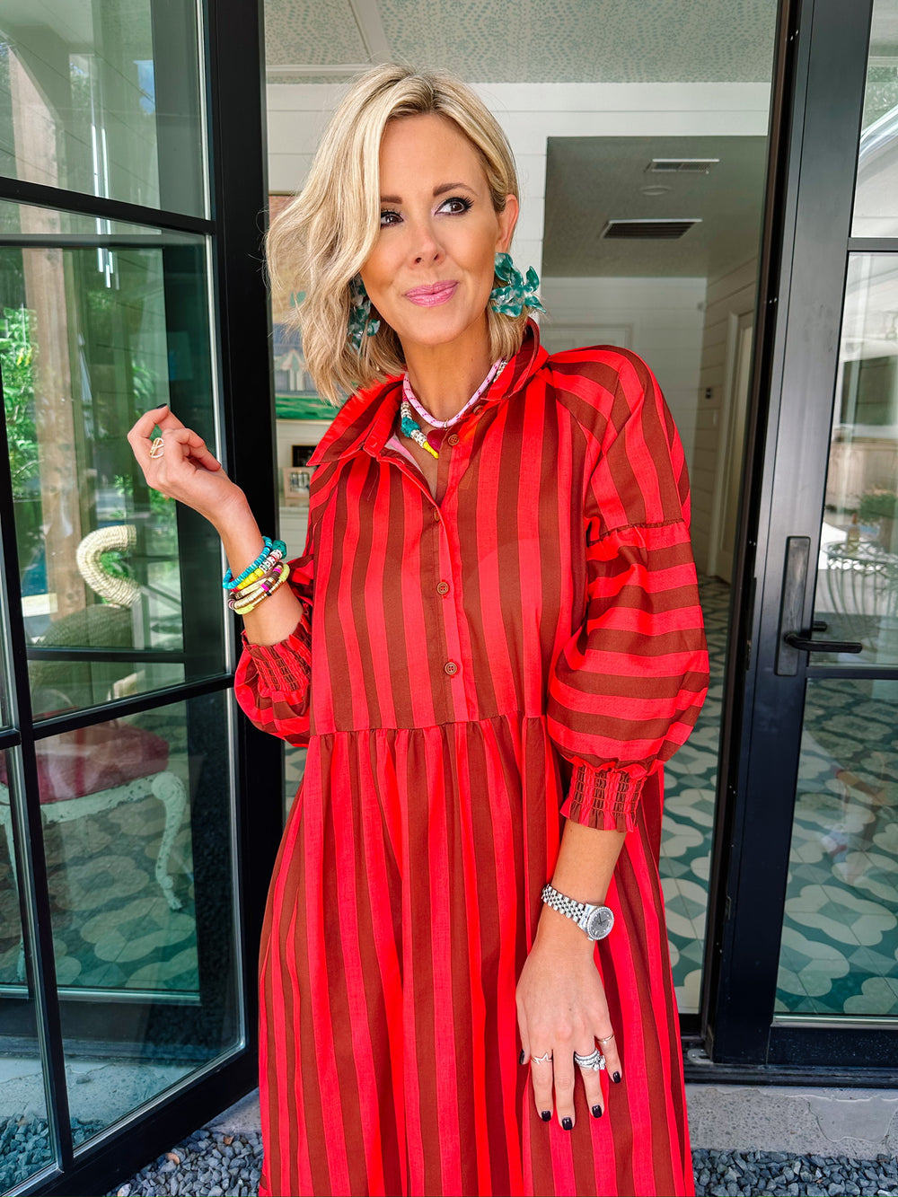 READ BETWEEN THE LINES STRIPE MIDI DRESS - CORAL/BROWN