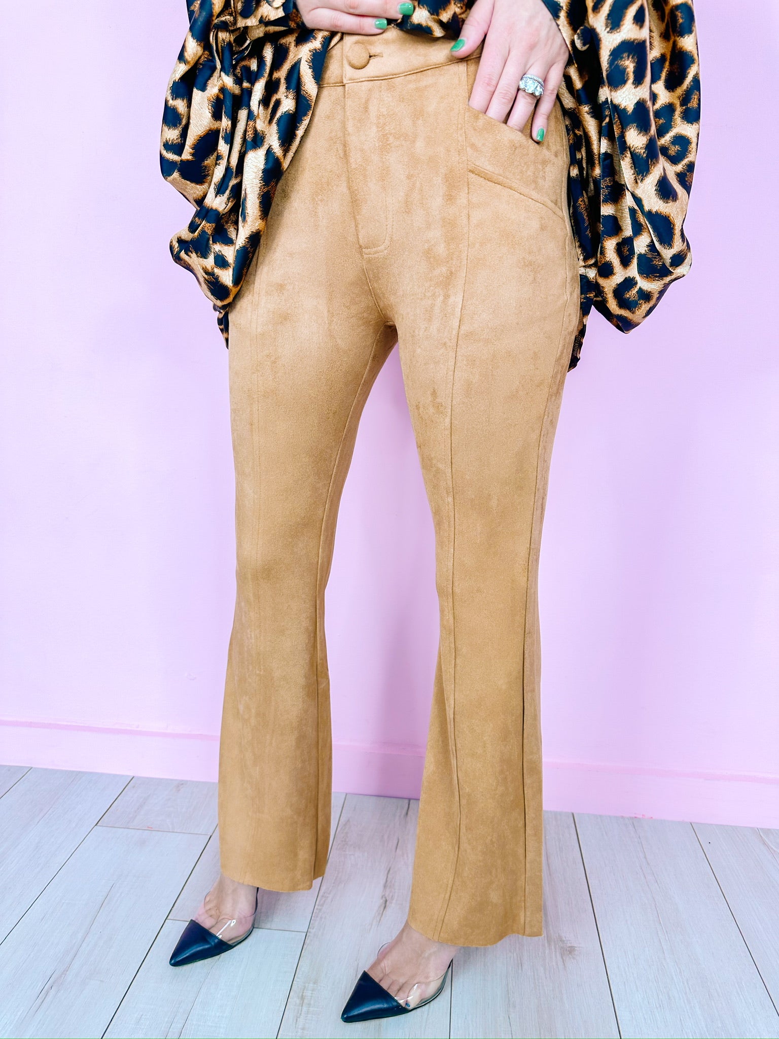 SLOANE SUEDE FLARE PANTS - CAMEL