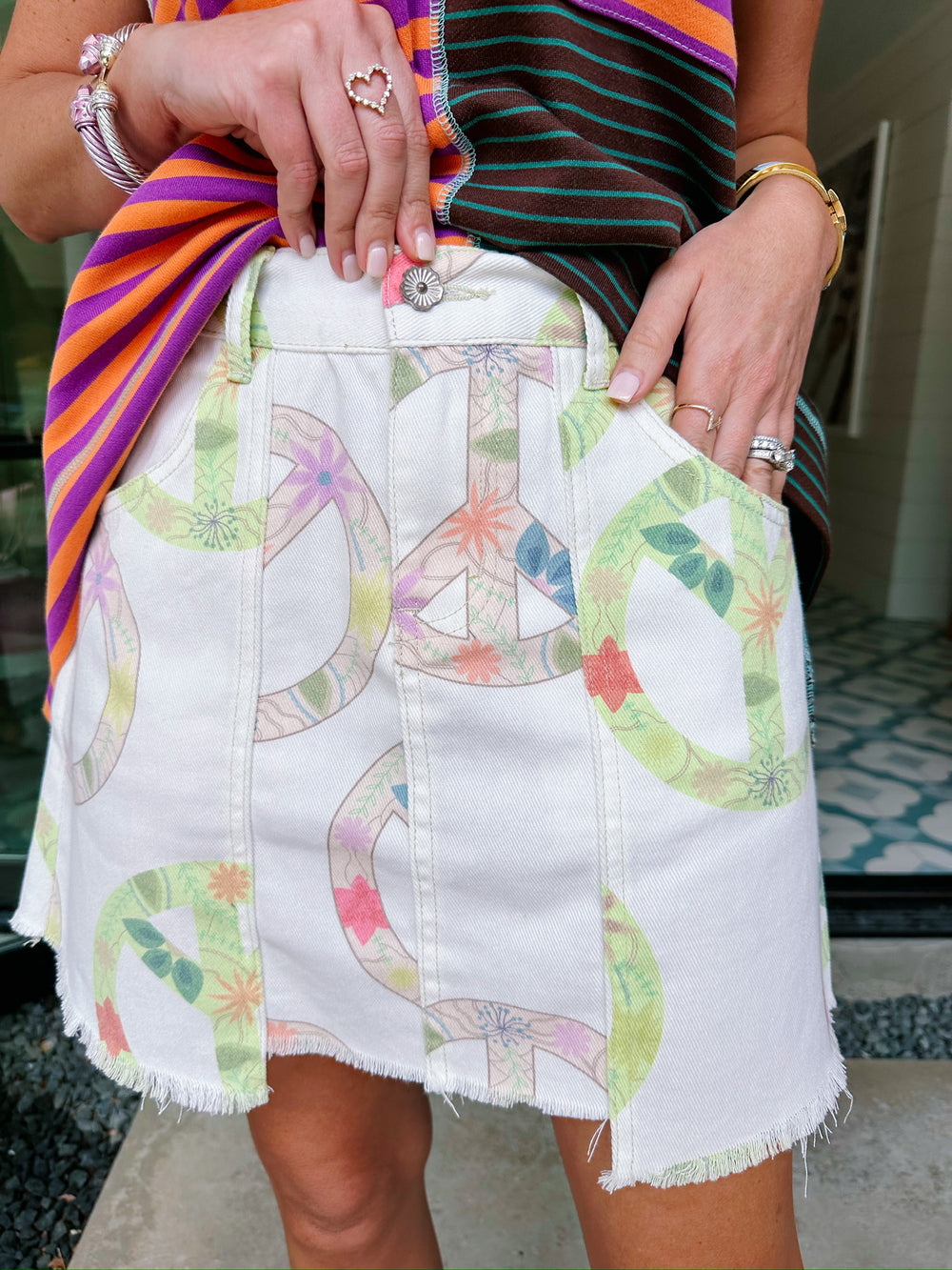 KEEP THE PEACE DENIM SKIRT - WHITE