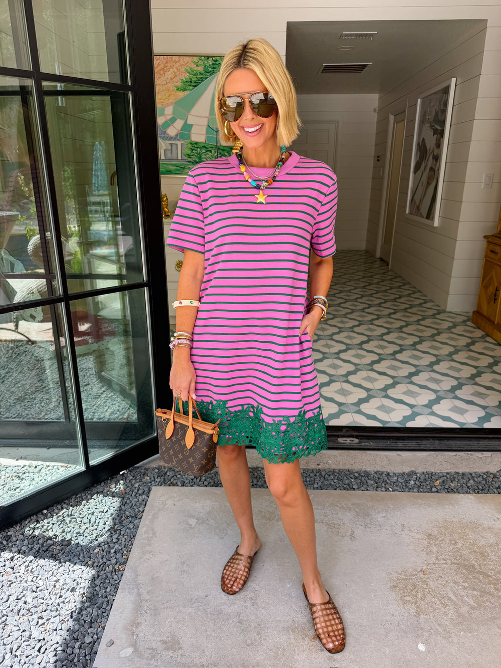NEXT LEVEL CUTE LACE TRIM STRIPE DRESS - PINK/GREEN