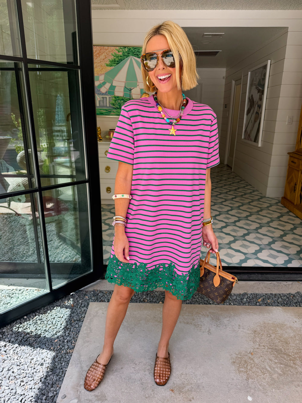NEXT LEVEL CUTE LACE TRIM STRIPE DRESS - PINK/GREEN