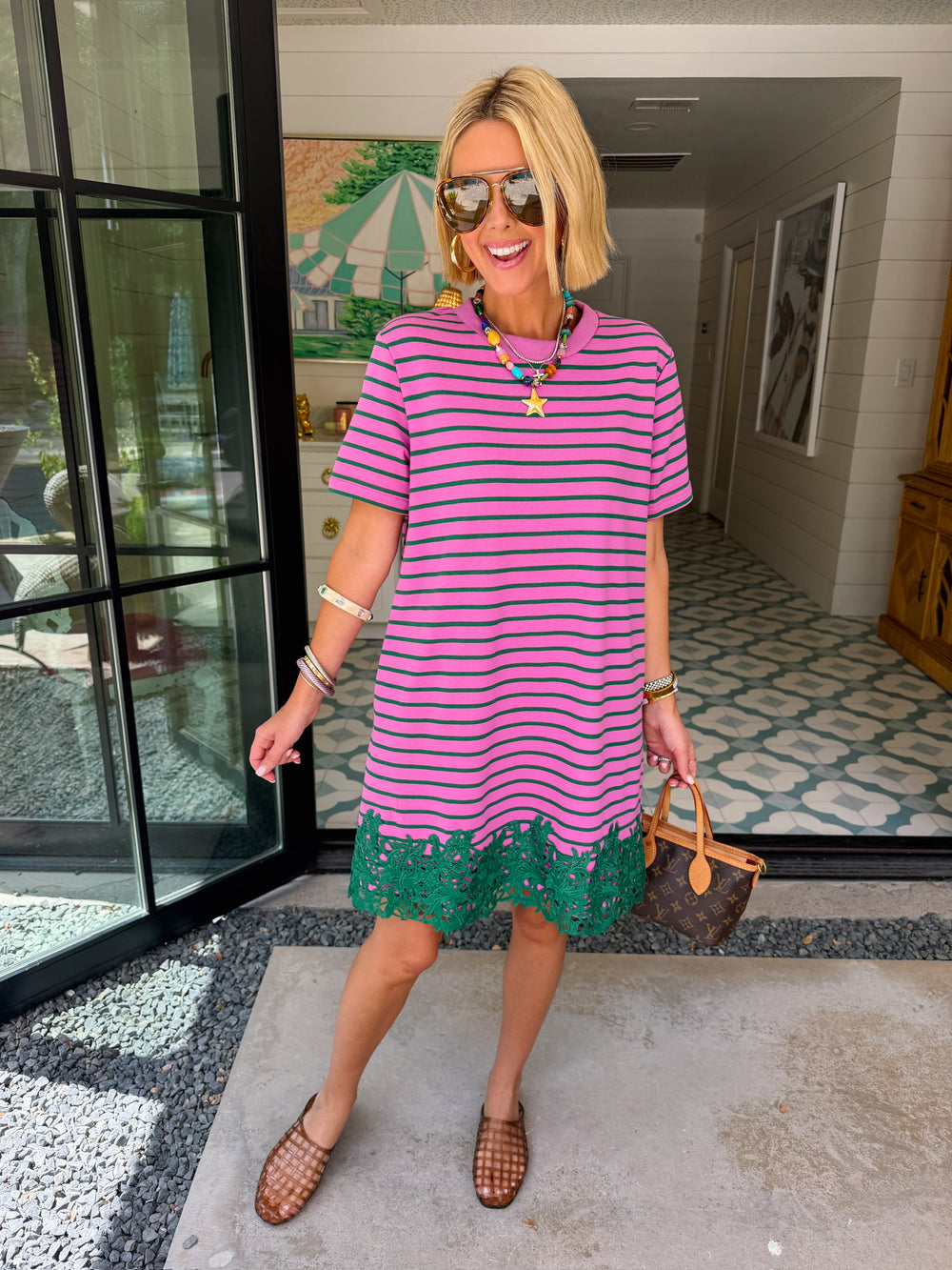 NEXT LEVEL CUTE LACE TRIM STRIPE DRESS - PINK/GREEN