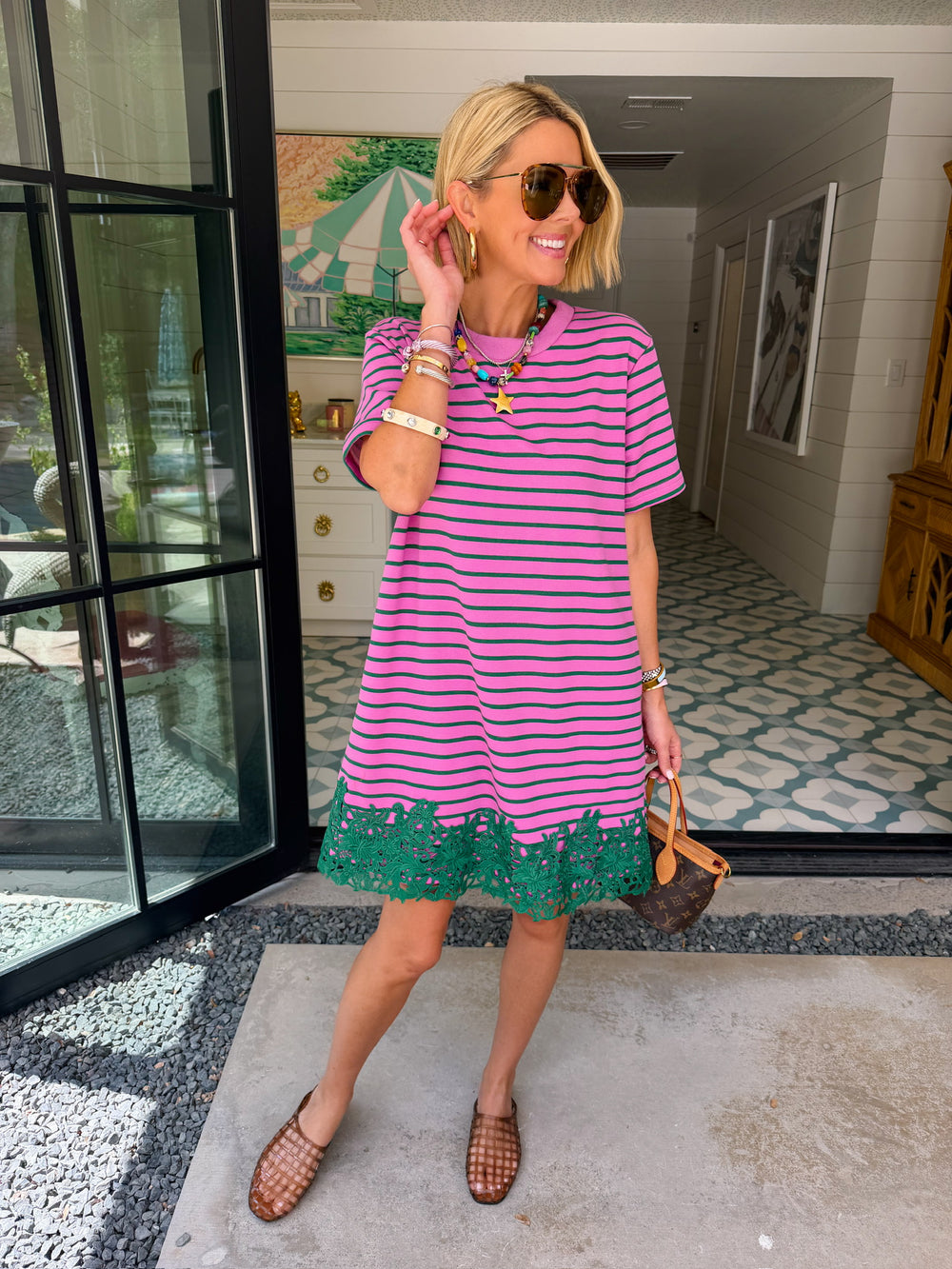 NEXT LEVEL CUTE LACE TRIM STRIPE DRESS - PINK/GREEN