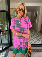 NEXT LEVEL CUTE LACE TRIM STRIPE DRESS - PINK/GREEN