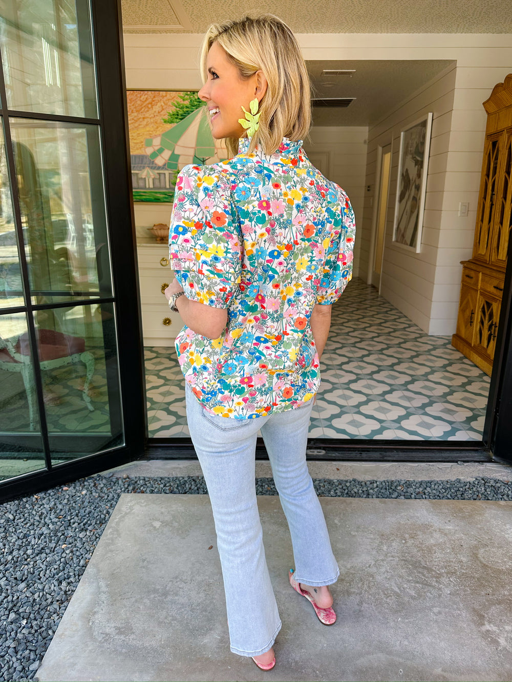 WILD FLOWER FIELDS PUFF SLEEVE TOP - BLUE