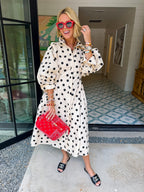 NOTHING BUT POLKA DOTS PUFF SLEEVE MIDI DRESS - IVORY