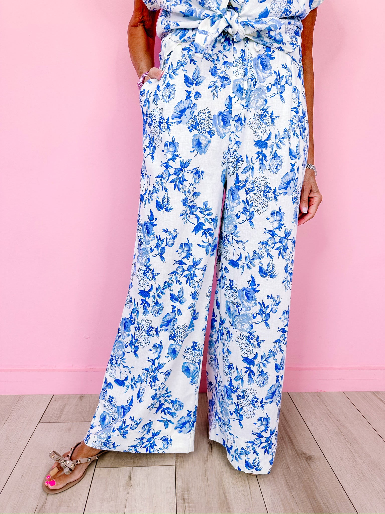 DREAMY ROSE GARDENS WIDE LEG PANTS - BLUE