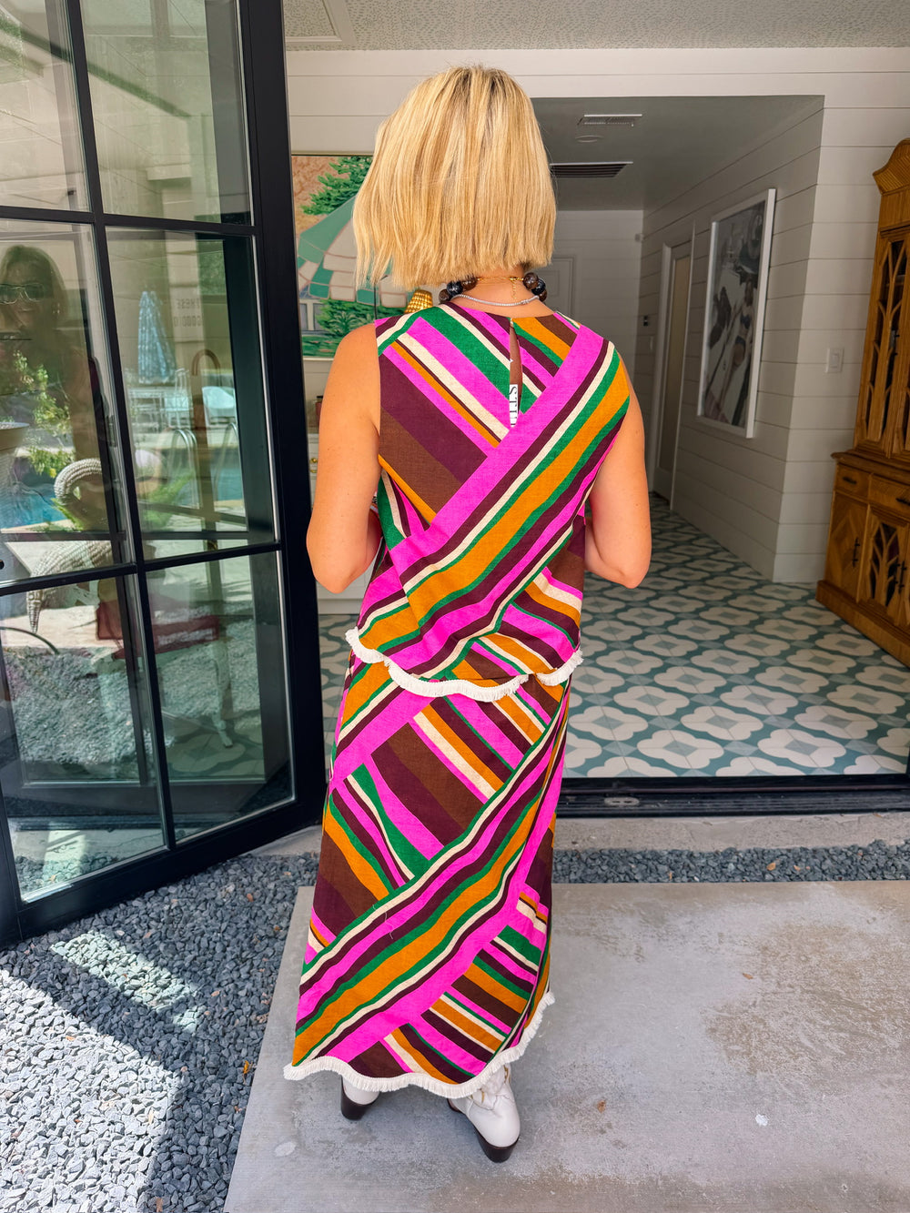 SUNDOWN SOIREE SCALLOP STRIPE FRINGE HEM MIDI SKIRT SET
